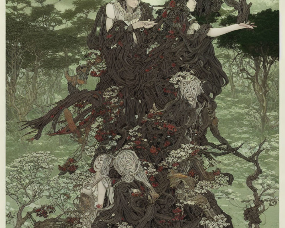 Ethereal figures with dark trees and red flowers in intricate artwork