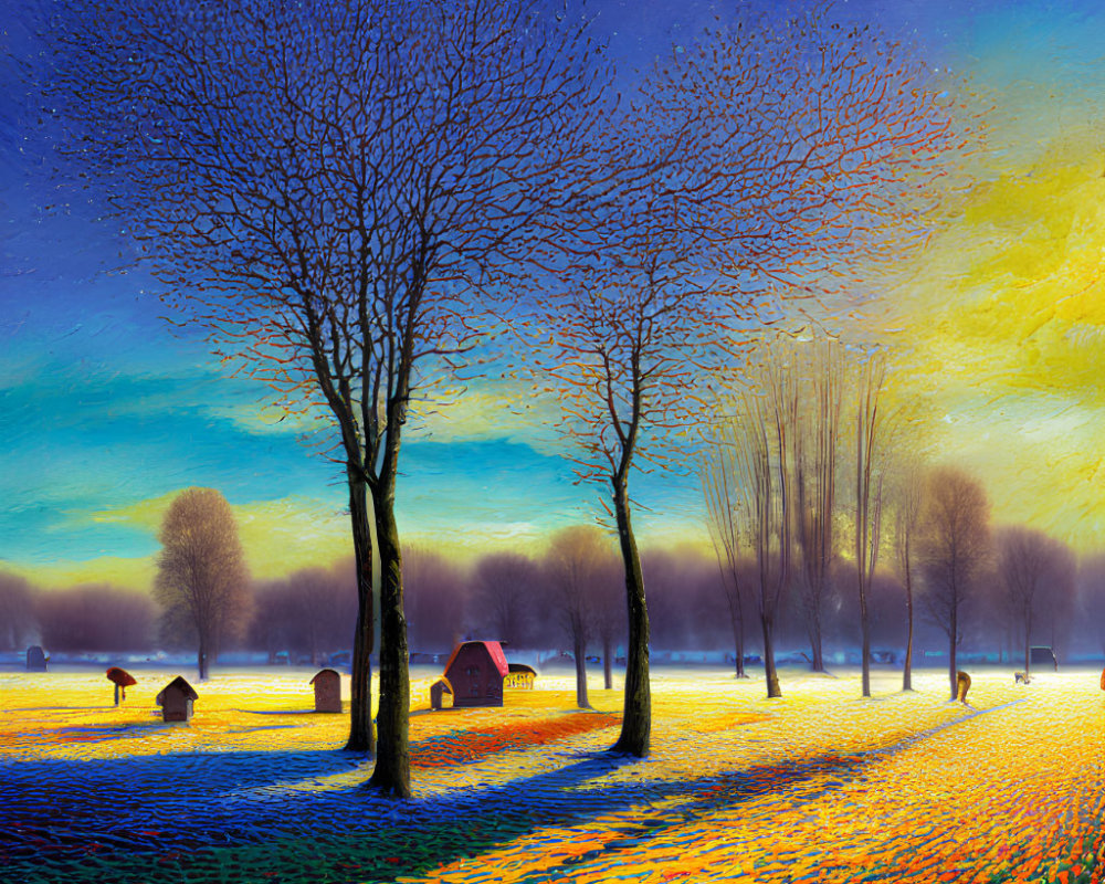 Colorful landscape painting: bare trees, small houses, blue and yellow hues, sunset or sunrise shadows