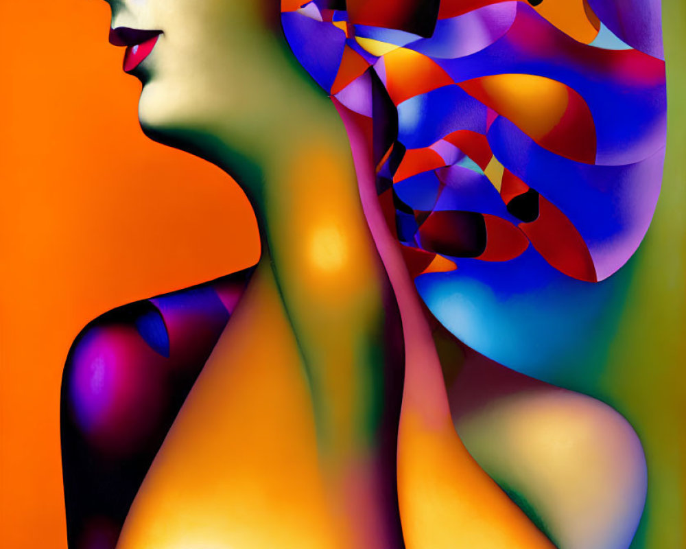 Colorful digital artwork: Stylized female figure with patterned hair and multicolored spots on