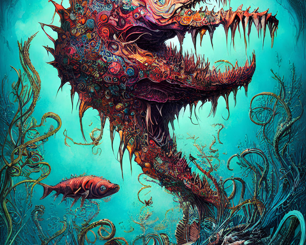 Intricate illustration of a vibrant sea monster in underwater scene