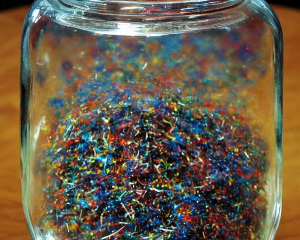 Colorful shredded foil confetti in clear glass jar on wooden surface