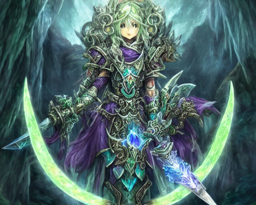 Fantasy warrior with green armor and crescent blades in mystical forest