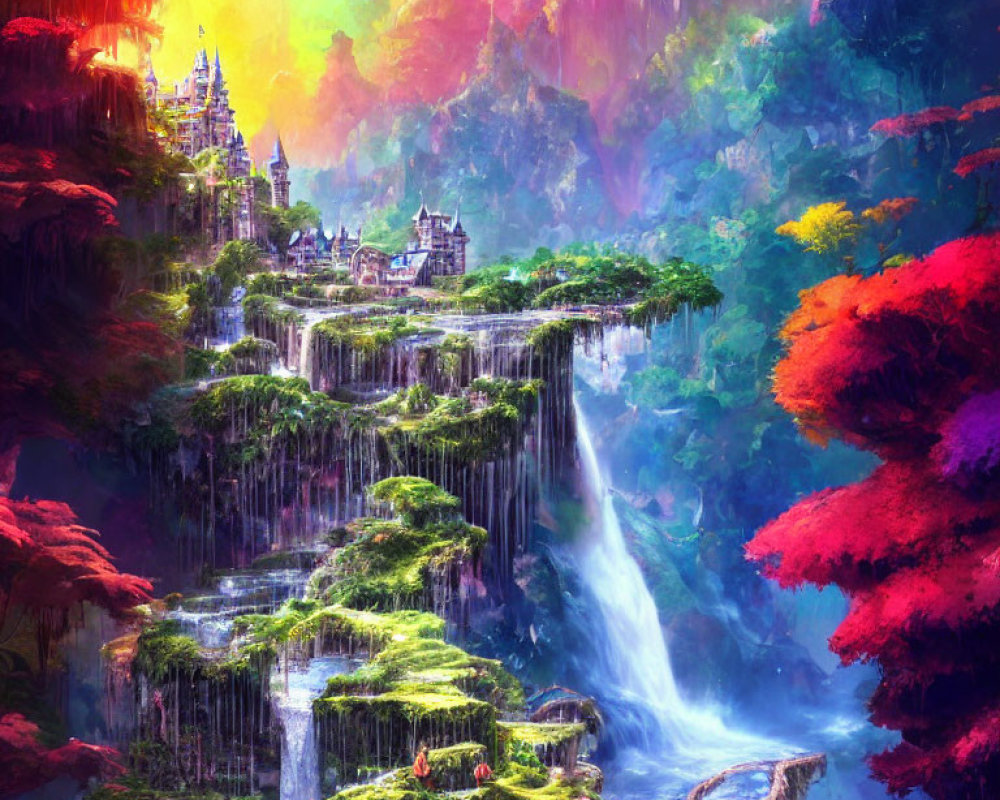 Colorful fantasy landscape with waterfalls, greenery, and architectural structures