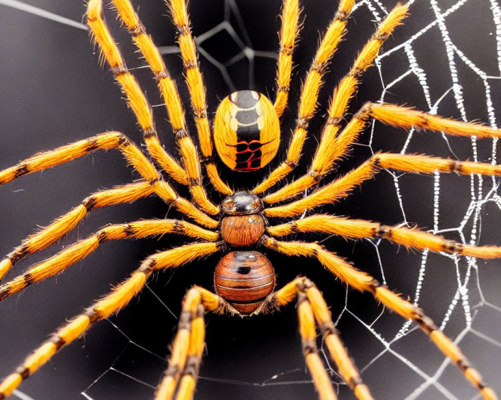 Colorful spider with patterned abdomen on intricate web and orange-striped legs