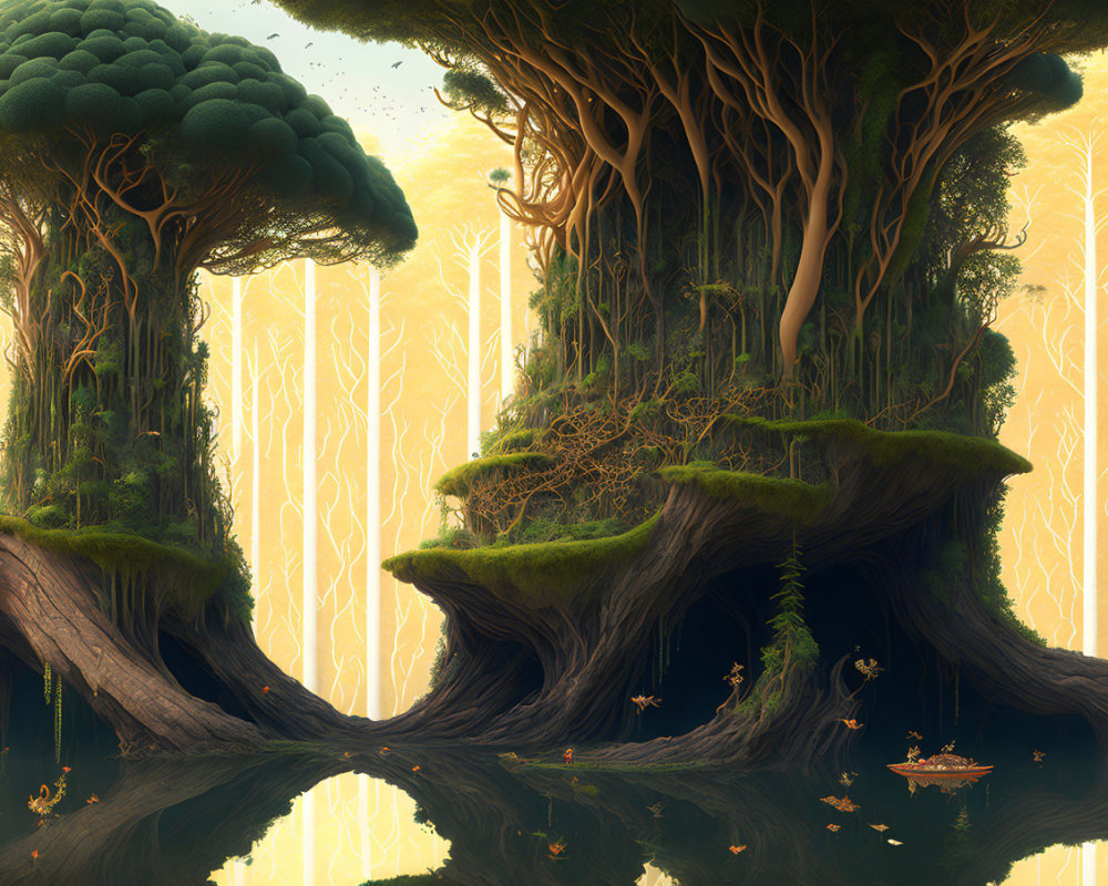 Majestic ancient trees and serene water body in mystical forest landscape