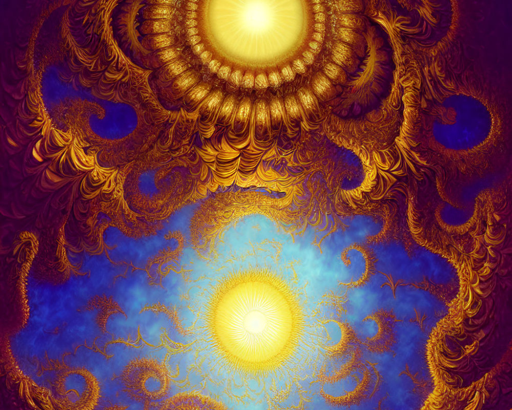 Intricate golden fractal design on deep blue background