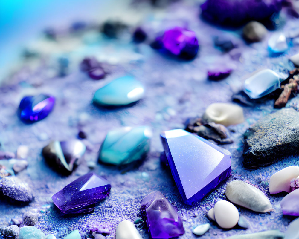 Assorted Colorful Gemstones and Crystals on Blue and Purple Background