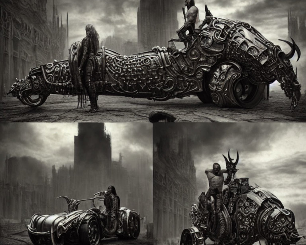 Steampunk-style motorcycle rider overlooking dystopian cityscape