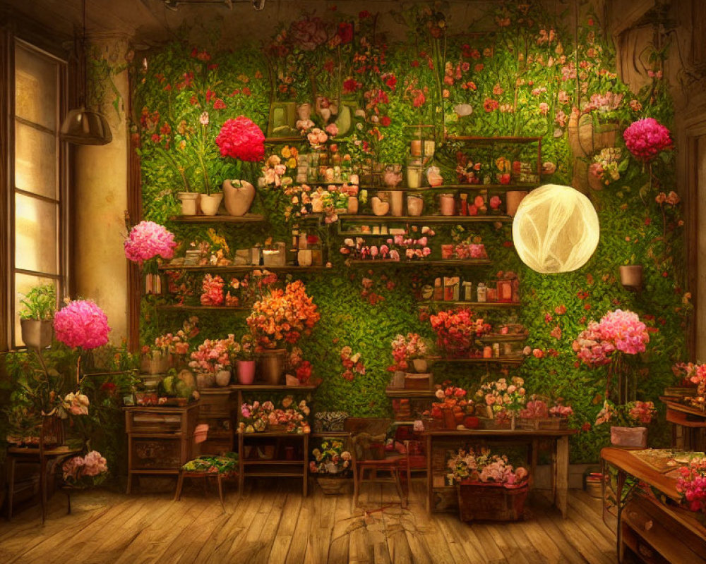 Lush Greenery and Flowers in Enchanting Room