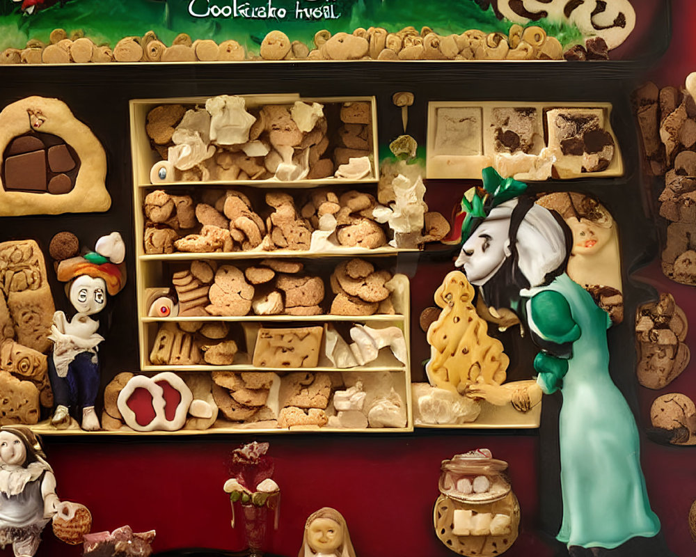 Whimsical Cookie Display with Animated Figures and 'Cookie Grill' Title