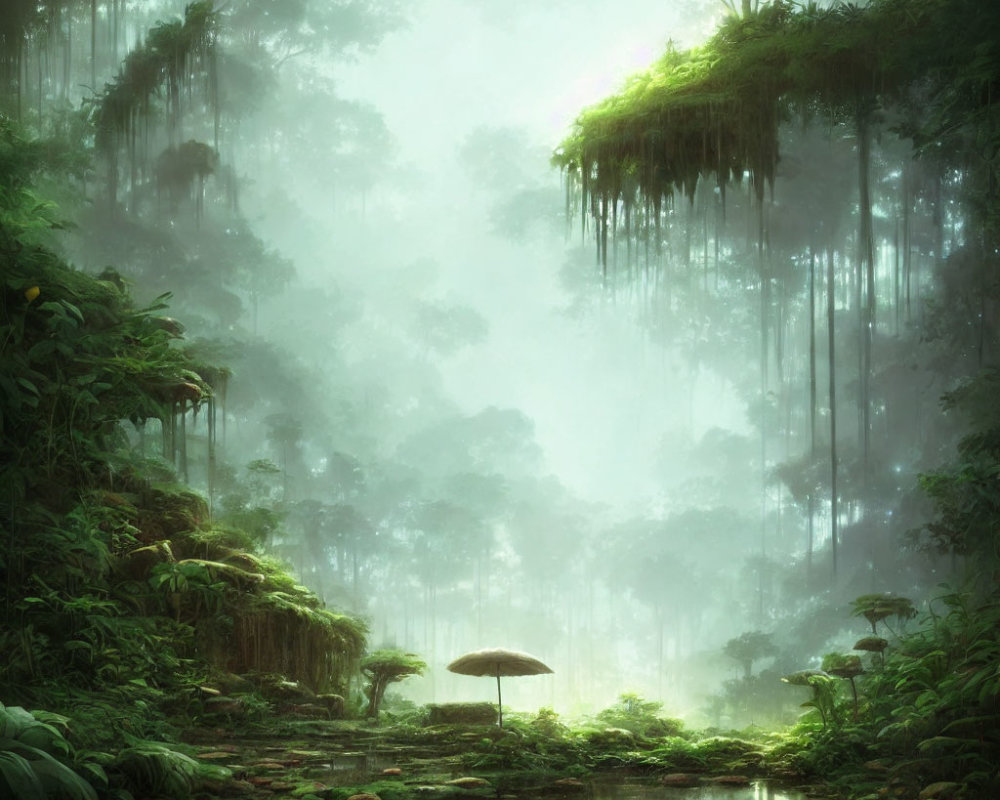 Tranquil misty forest with sunbeams, lush greenery, and a stream