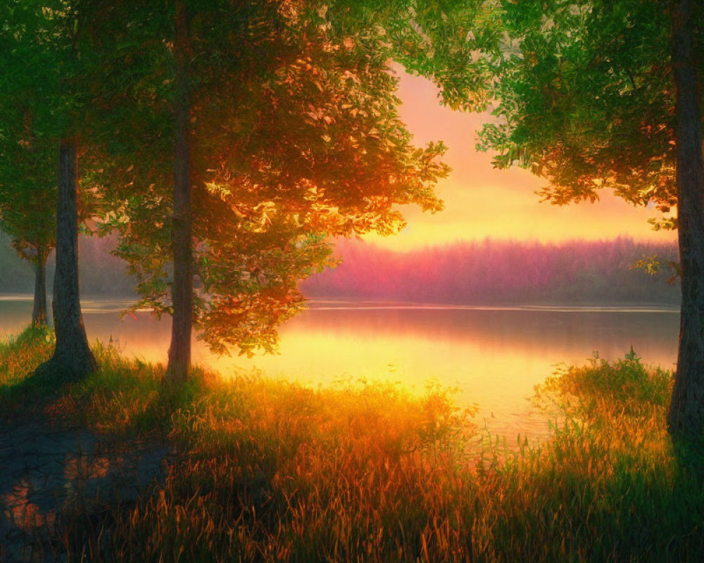 Tranquil Sunrise Scene: Golden Light on Lake with Lush Greenery