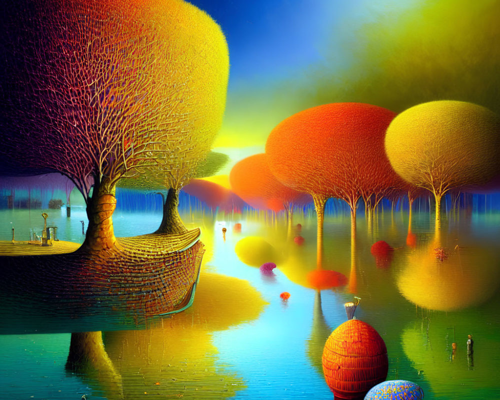 Colorful surreal painting: rounded trees, boat-shaped base, figures with umbrellas