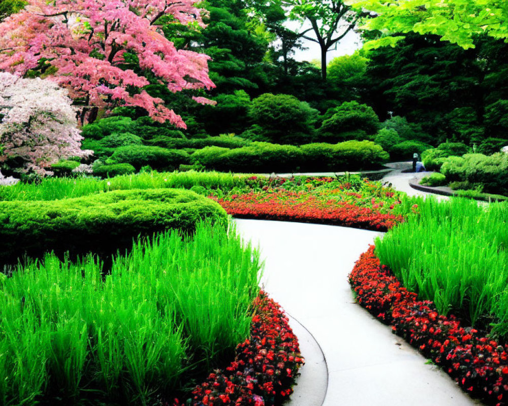 Lush Garden Path with Vibrant Greenery and Colorful Flowers