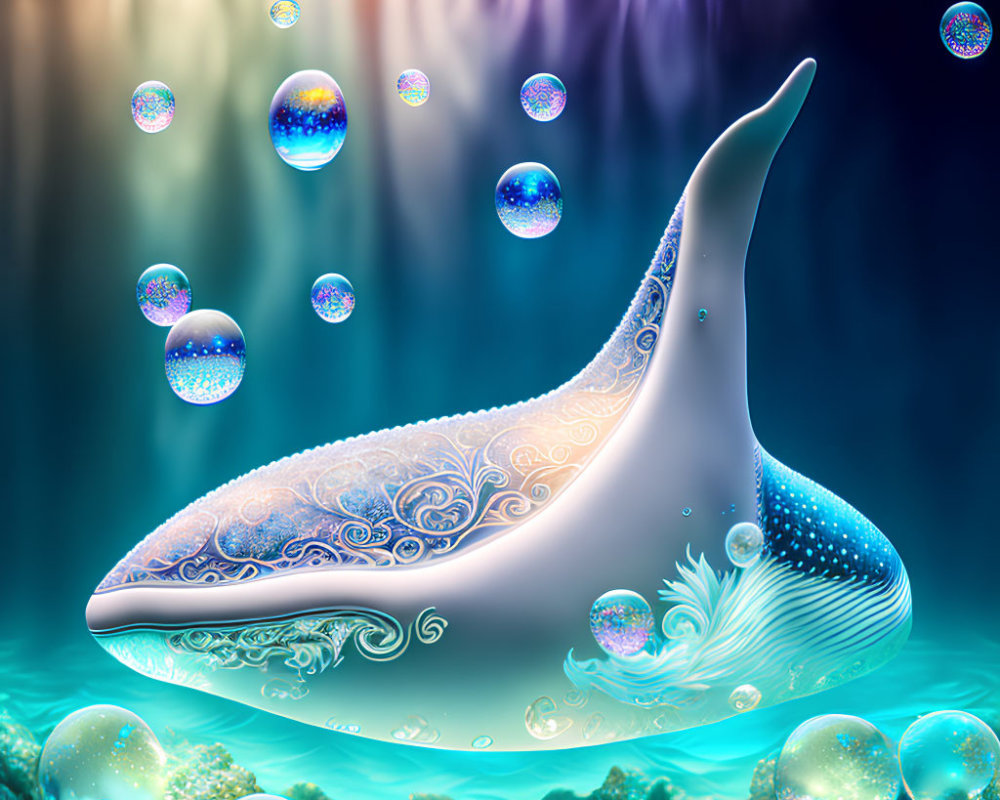 Stylized whale with intricate patterns submerged in water