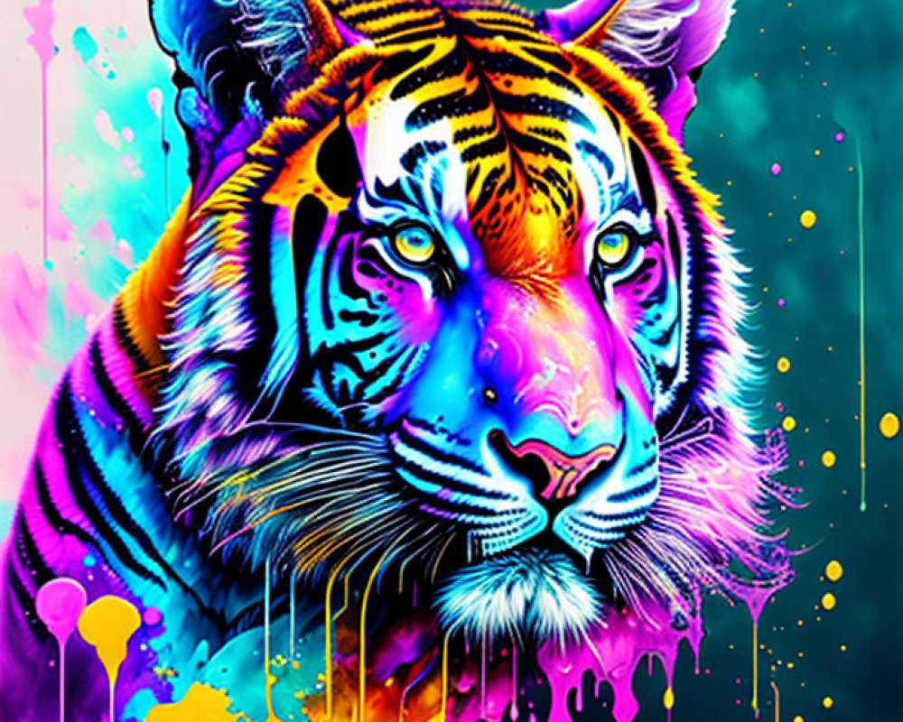 Colorful Digital Artwork: Tiger with Neon Hues and Dripping Paint