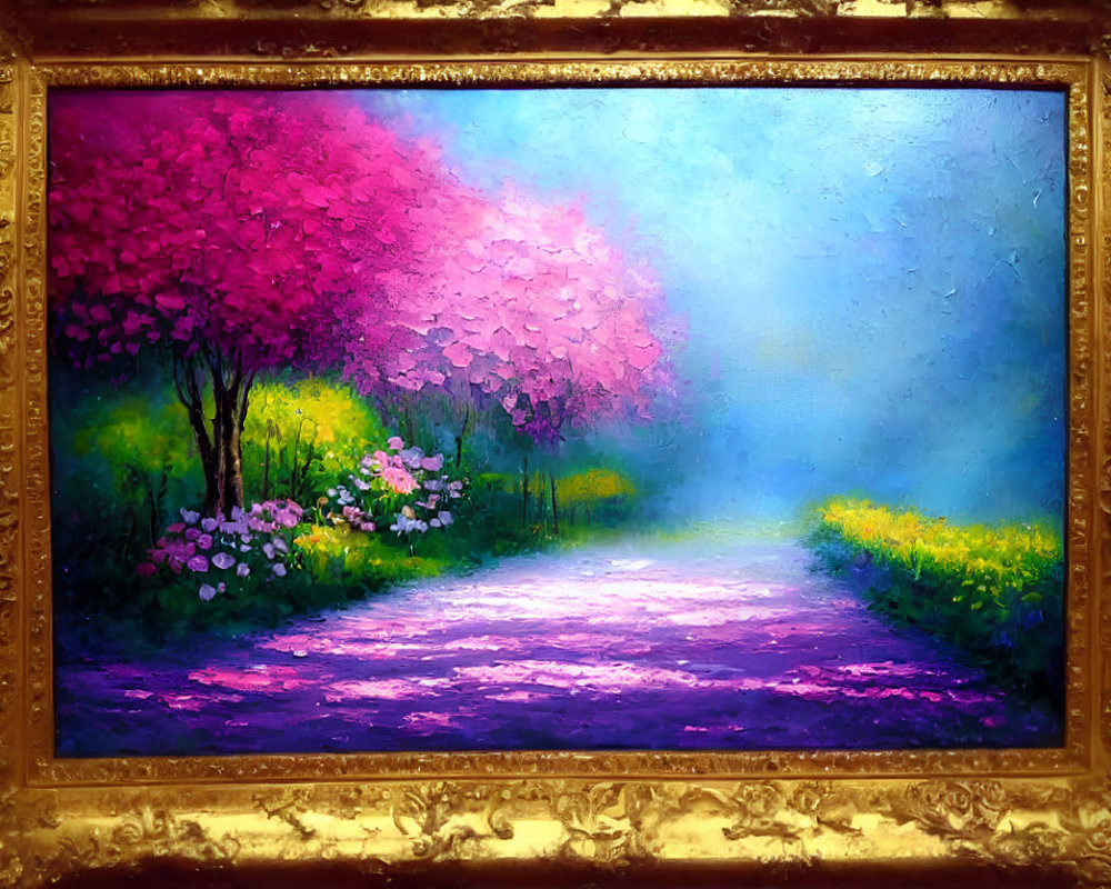 Colorful Path Painting with Pink and Yellow Blooming Trees in Gold Frame