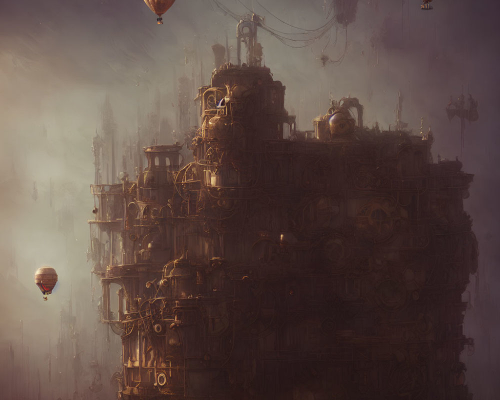 Intricate steampunk cityscape with hot air balloons in foggy setting