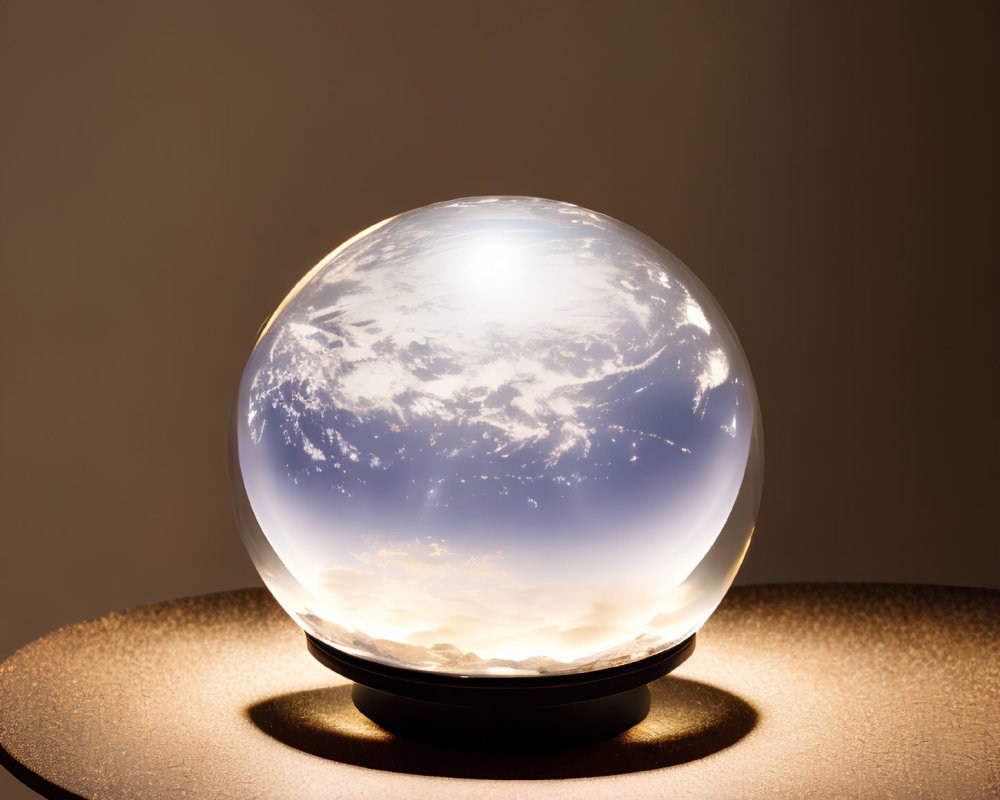 Translucent globe with illuminated clouds and continents on table