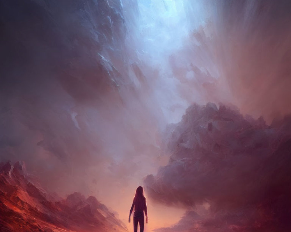 Figure standing before dramatic sky with radiant light and reflective surface