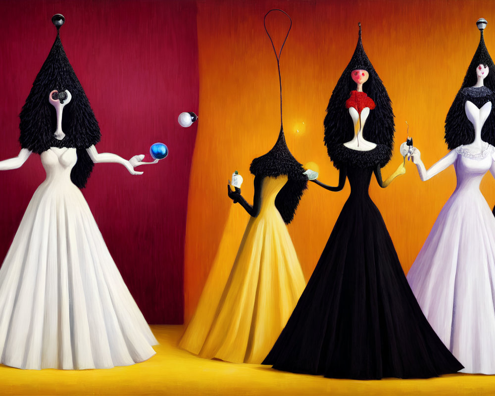 Surreal Artwork: Five Female Figures in Elongated Neck Ball Gowns