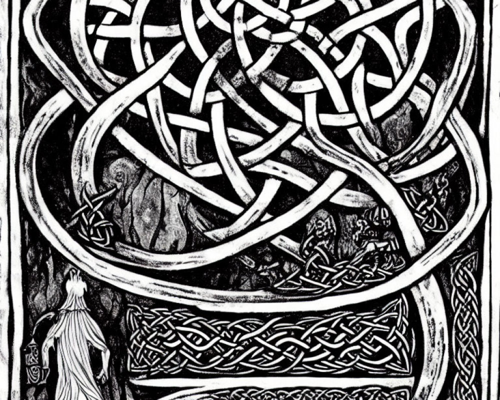 Detailed black and white Celtic knotwork illustration with medieval and fantasy figures.