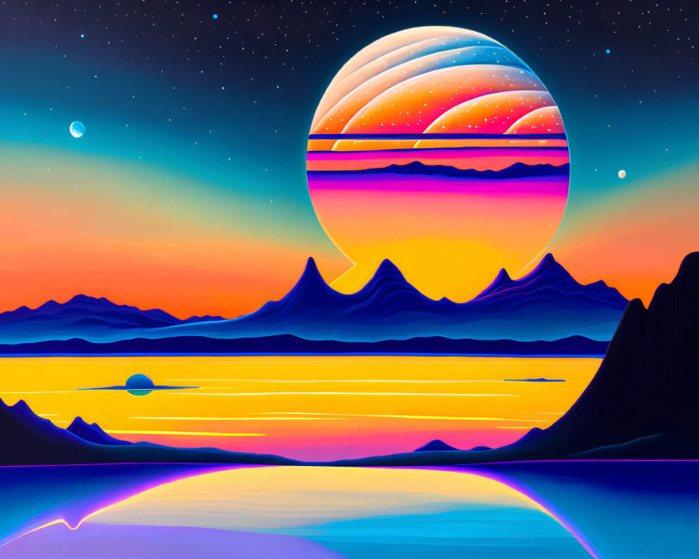 Colorful surreal landscape with ringed planet, starlit sky, mountains, and reflective water