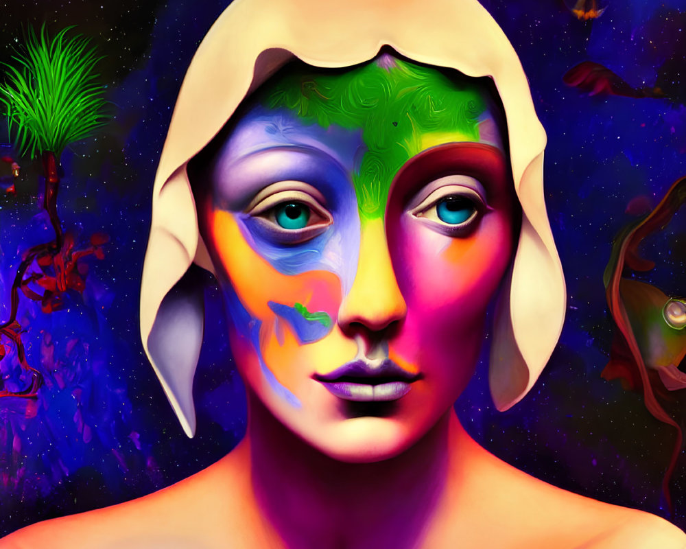 Colorful digital artwork: Figure bust with multicolored skin in cosmic setting