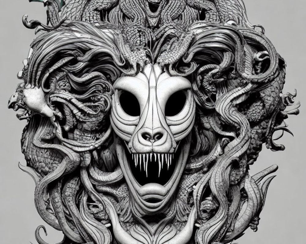 Monochrome Medusa head illustration with screaming expression