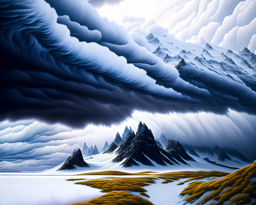 Snowy Peaks and Golden Grasses Under Dramatic Cloud Formations