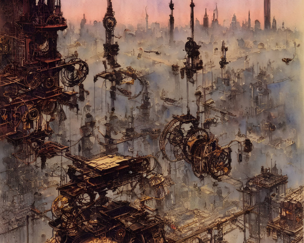 Dystopian steampunk cityscape with industrial machinery and towering spires