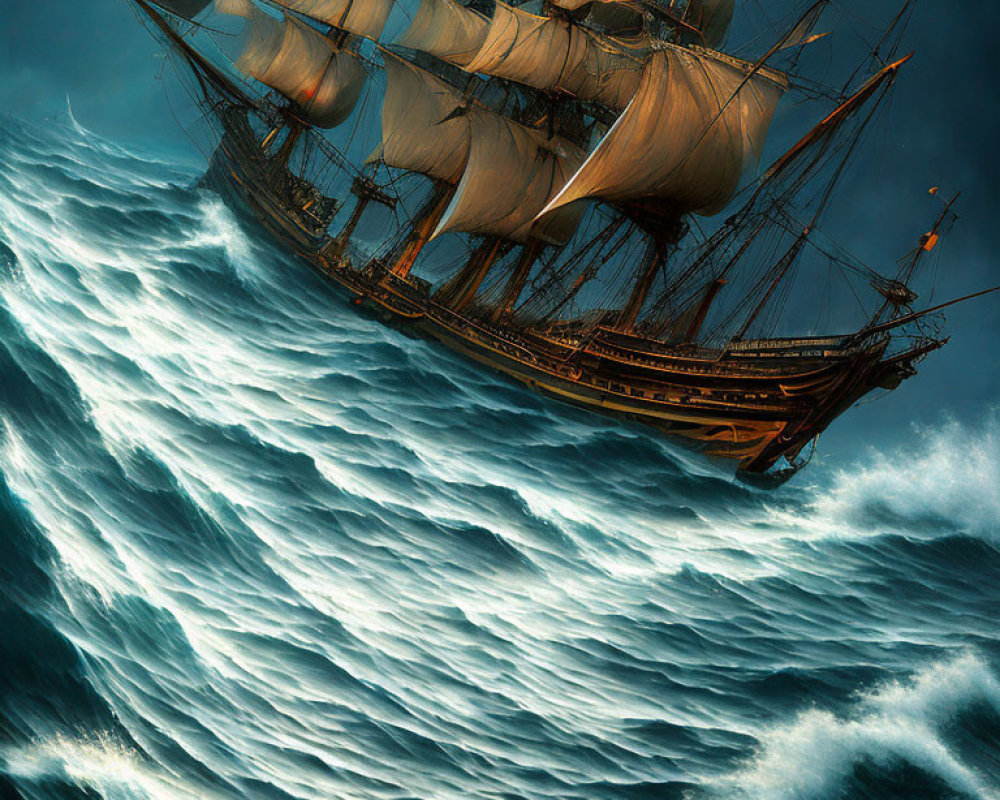 Tall ship with billowing sails on tumultuous ocean waves