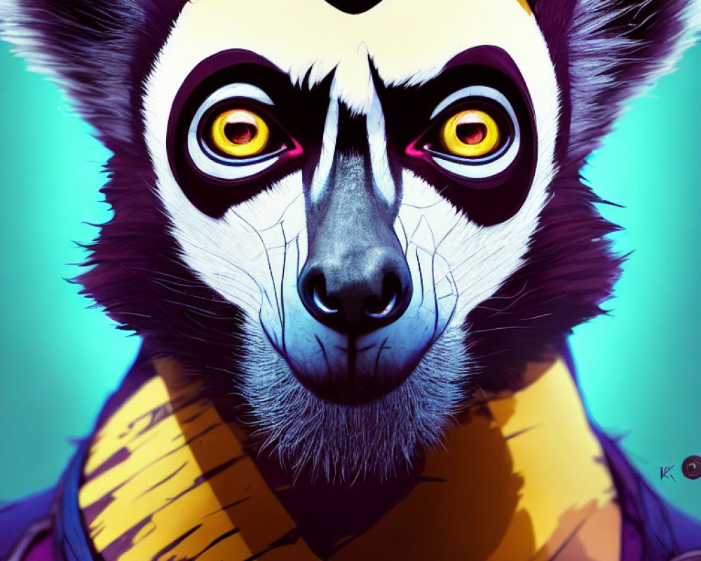 Stylized lemur with yellow eyes in striped scarf on teal background