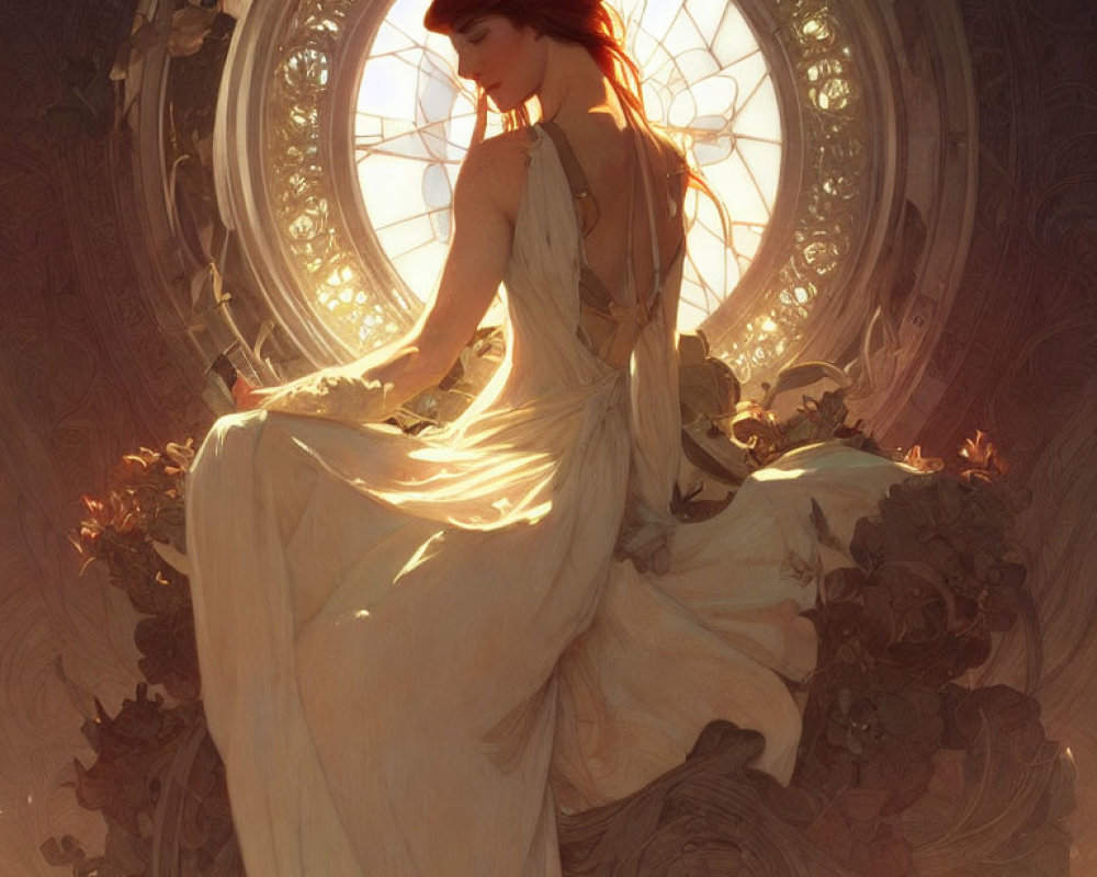 Serene woman in flowing dress by circular window with leaves and warm light