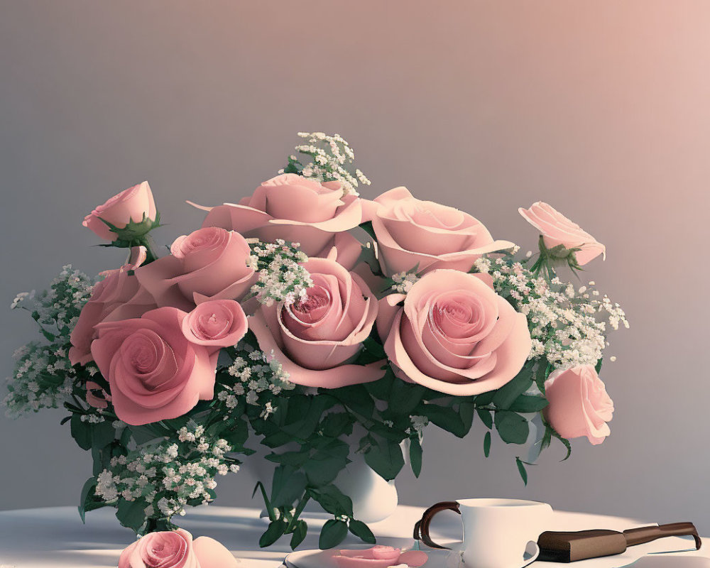 Pink roses and baby's breath bouquet next to spilled coffee in vase on neutral background