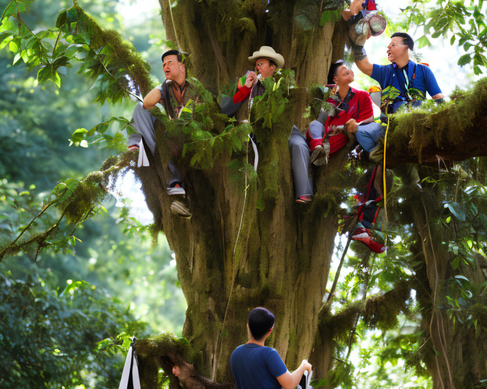 Five people on tree with binoculars, one person standing below amid lush greenery