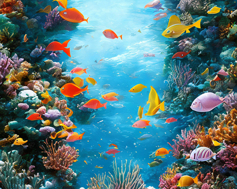 Colorful Fish and Coral Reefs in Vibrant Underwater Scene