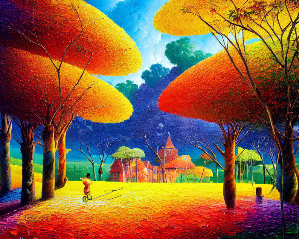 Colorful surreal landscape with orange trees, cyclist, and castle against blue sky