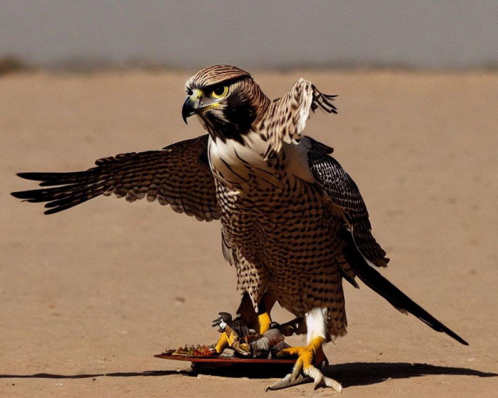 Falcon with Spread Wings Eating from Plate at Falconry Demonstration