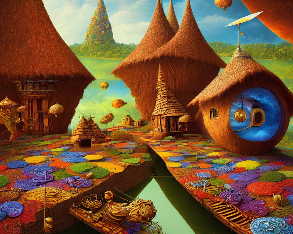 Colorful Round Paths and Thatched Roof Huts in Whimsical Village Scene