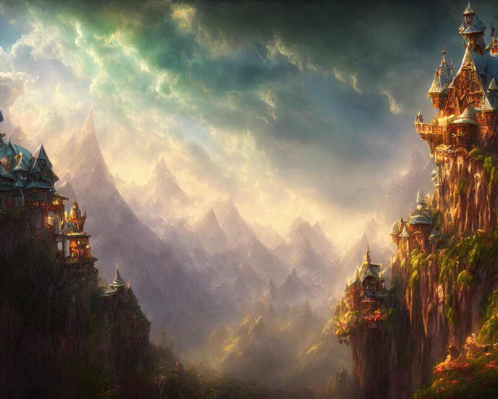 Majestic castles on steep cliffs in fantasy landscape