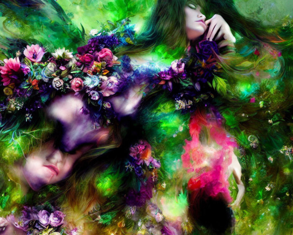 Colorful digital artwork: Woman with floral elements in dreamy background