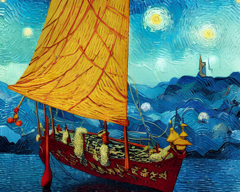 Stylized traditional sailing ship on Van Gogh-inspired sea