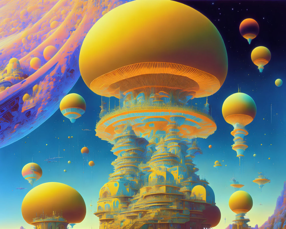 Colorful sci-fi landscape with mushroom-like structures and floating orbs