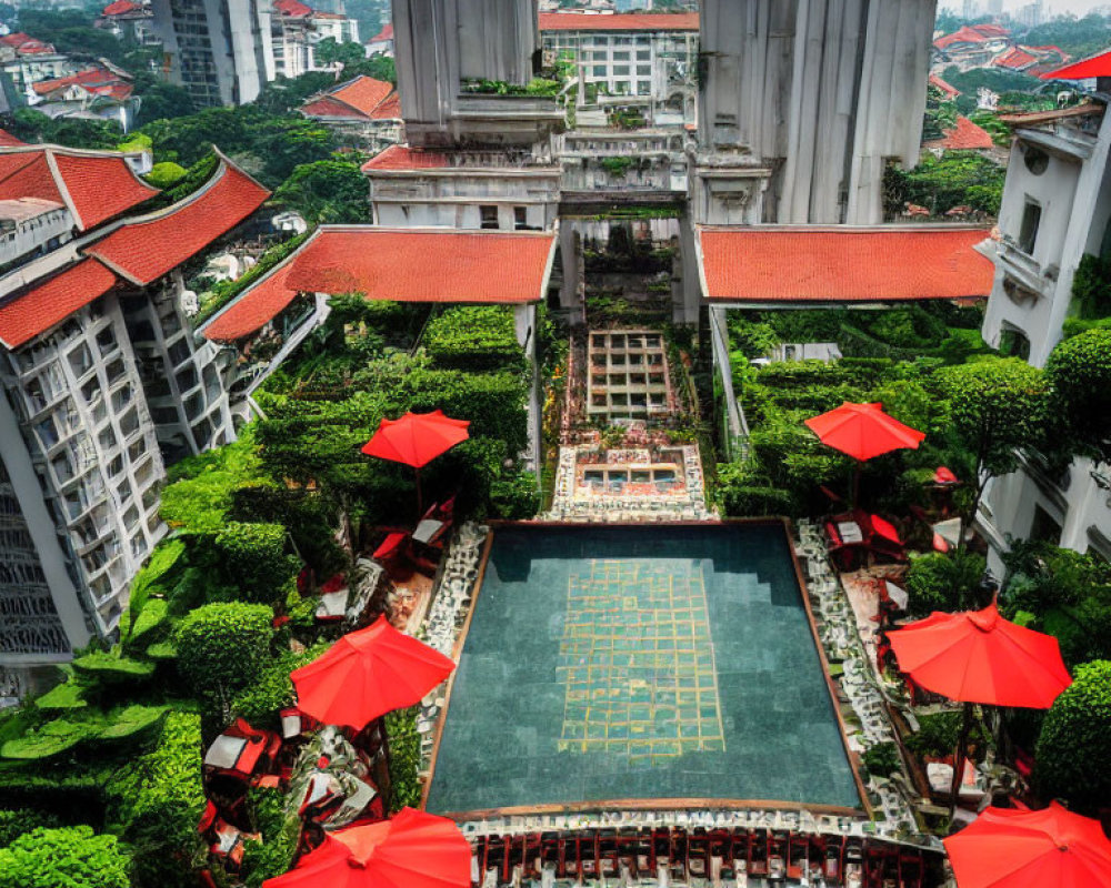 Luxury Hotel Courtyard with Swimming Pool and Red Umbrellas