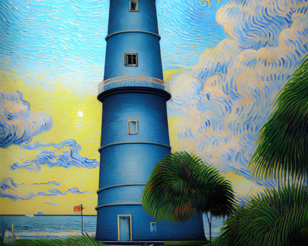 Blue lighthouse digital painting with swirling skies, palm trees, and sunset.