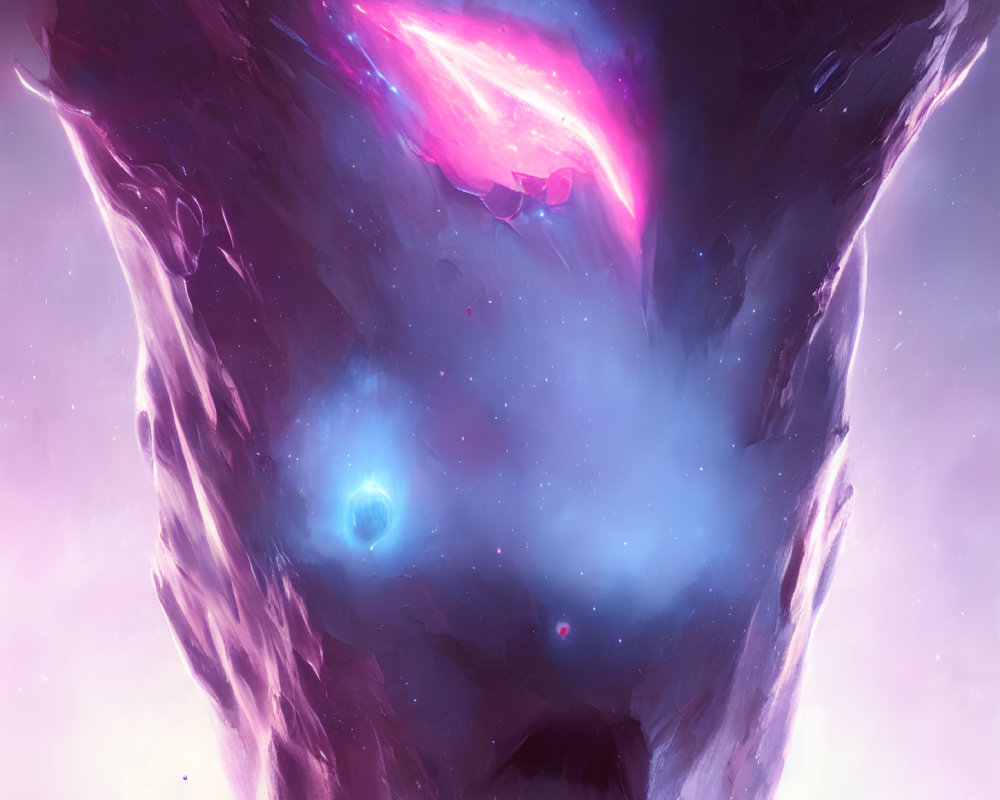 Surreal cosmic visage with nebulae eyes and galaxy mouth in pink and blue colors