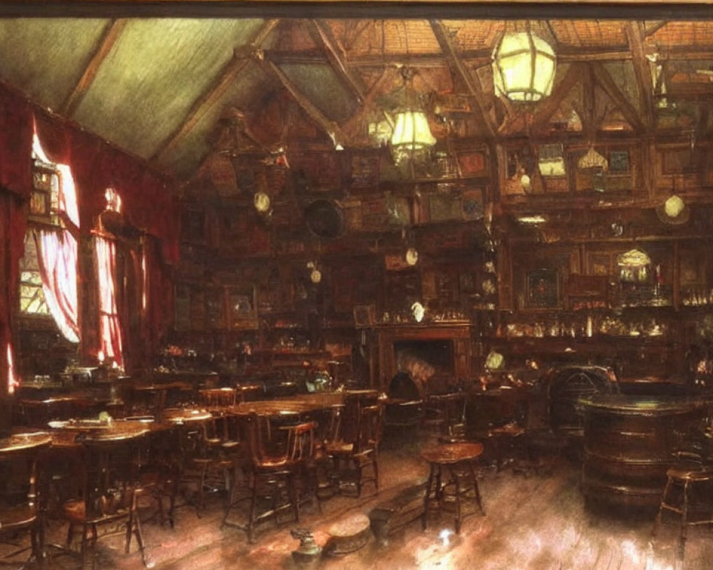 Vintage tavern interior with wood furnishings, hanging lanterns, and red curtains