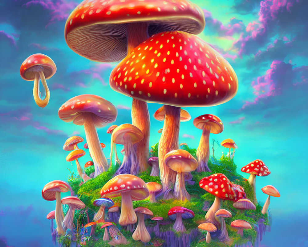 Colorful Mushroom Illustration on Floating Grass Patch Under Pink and Blue Sky