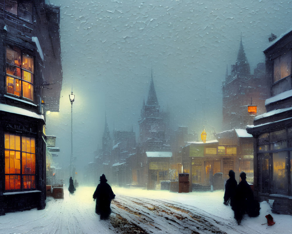 Snowy Evening Scene: People Walking Near Lit Shops, Glowing Streetlights, Church Spire visible